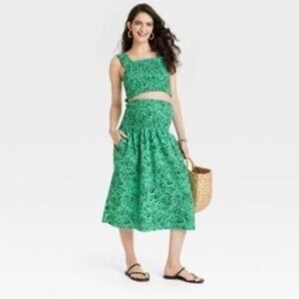 NEW Isaac Ingrid Isabel Maternity Green Smocked Midi Skirt Boho Cottagecore MED